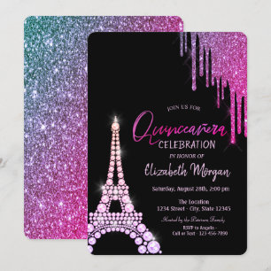 Invitación Lujo Brillos que gotean Torre Eiffel Quinceañera
