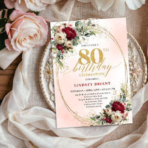 Invitación Lujo Burgundy Bohemio Floral 80 Cumpleaños 