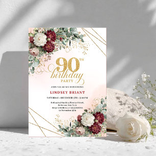 Invitación Lujo Burgundy Boho Floral Verde 90 Cumpleaños