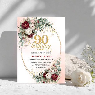 Invitación Lujo Burgundy Floral Dorado Verdor Cumpleaños 90