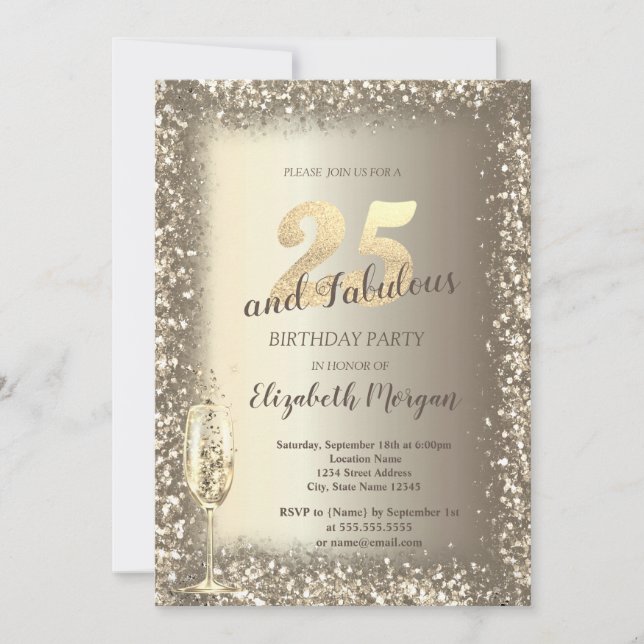 Invitación Lujo Champagne Glass Gold Confetti Frame 25 (Anverso)