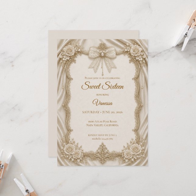 Invitación Lujo Cumpleaños 16 Arco Dorado Marfil (Anverso/Reverso In Situ)