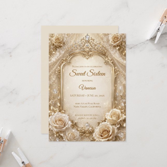 Invitación Lujo Cumpleaños 16 Arco Dorado Marfil (Anverso/Reverso In Situ)