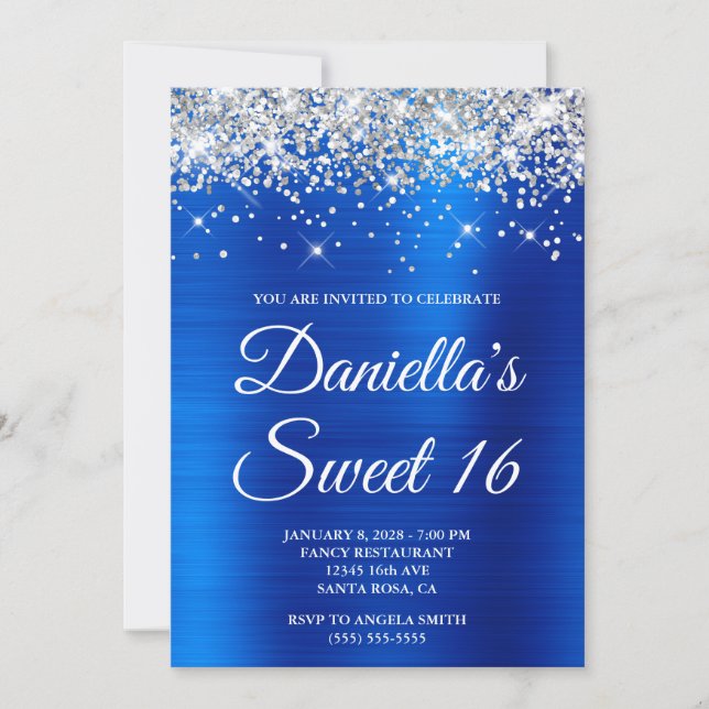 Invitación Lujo Cumpleaños 16 Brillante Plata Azul Real (Anverso)