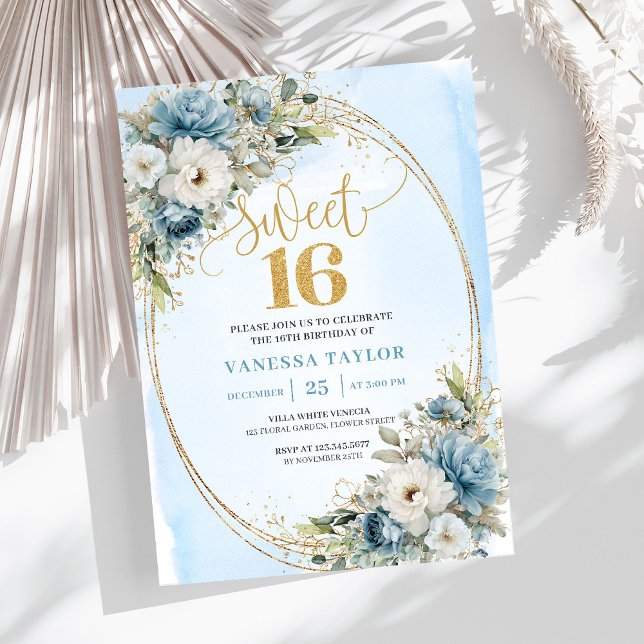 Invitación Lujo Cumpleaños 16 Dulce Polvo Azul Verde  (Luxury Dusty Blue Greenery Sweet 16th Birthday Invite)