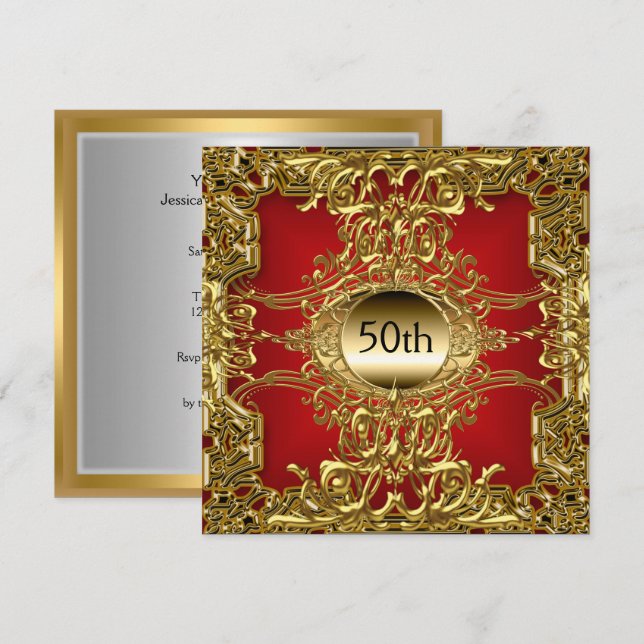 Invitación Lujo Cumpleaños Rojo Dorado 50 Aniversario Fiesta  (Anverso / Reverso)