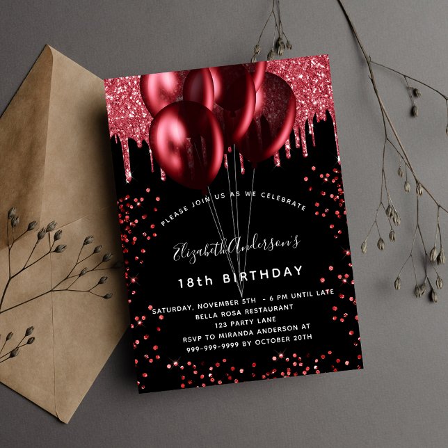 Invitación Lujo de cumpleaños de globos rojos negros (Subido por el creador)