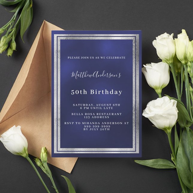 Invitación Lujo de cumpleaños de plata azul marino (Subido por el creador)