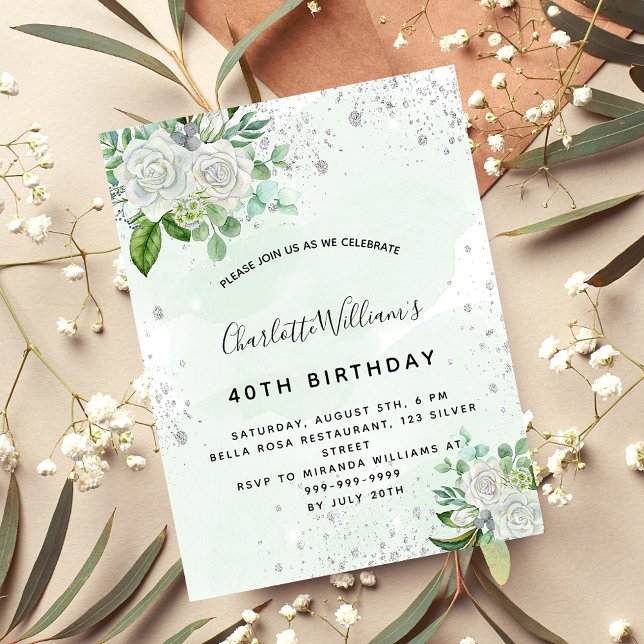 Invitación Lujo de cumpleaños de plata blanca floral (Subido por el creador)