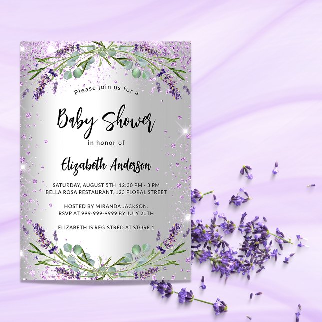 Invitación lujo de eucalipto de plata lavender de Baby Shower (Subido por el creador)