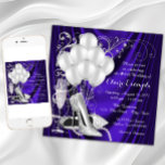 Invitación Lujo de fiesta de cumpleaños púrpura y plateado pa<br><div class="desc">Invitación a la fiesta de cumpleaños púrpura y plateada con hermosos zapatos de tacón, globos, perlas de champán y elegantes torres de plata sobre un lujoso fondo de satén morado. Esta elegante invitación de cumpleaños morado y plateado se personaliza fácilmente para tu evento simplemente añadiendo tus detalles en el estilo...</div>