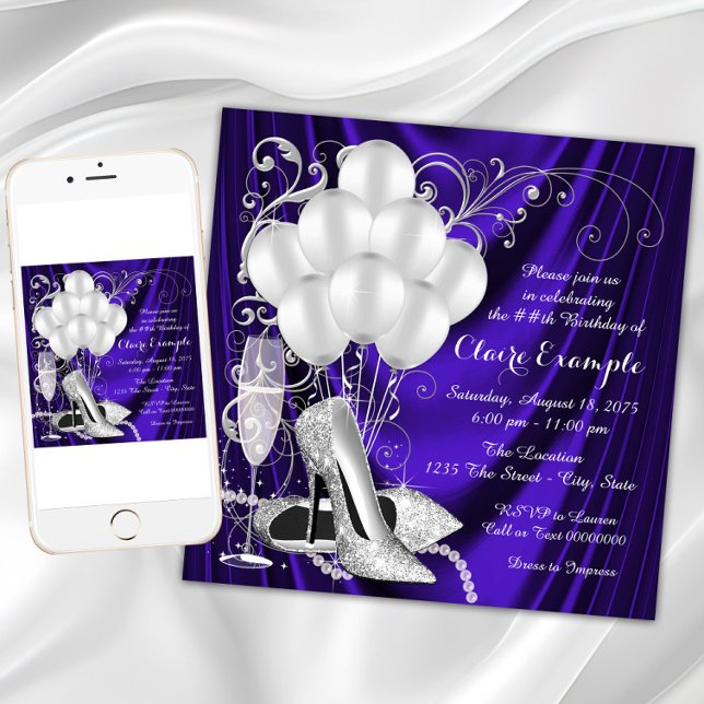 Invitación Lujo de fiesta de cumpleaños púrpura y plateado pa (Womans purple and silver birthday party invitation with silver high heel shoes and pearls. Any #.)