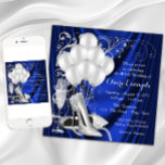 Invitación Lujo de fiesta de cumpleaños Royal Blue y Silver p<br><div class="desc">Invitación a la fiesta de cumpleaños azul y plata real con hermosos zapatos altos de tacón, globos, perlas de champán y elegantes remolinos de plata sobre un lujoso fondo de satén azul real. Esta elegante invitación de fiesta de cumpleaños azul y plata se personaliza fácilmente para tu evento simplemente añadiendo...</div>