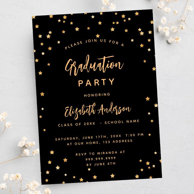 Invitación Lujo de fiesta de graduación estrellas de oro negr (Subido por el creador)