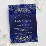 Invitación Lujo de flores azules de la marina de cumpleaños<br><div class="desc">Un fondo azul marino,  decorado con rosas azules y flores. El color azul es desigual. Personalice y agregue un nombre y detalles del fiesta. Atrás: araña azul marino y máscaras de plata falsa.</div>
