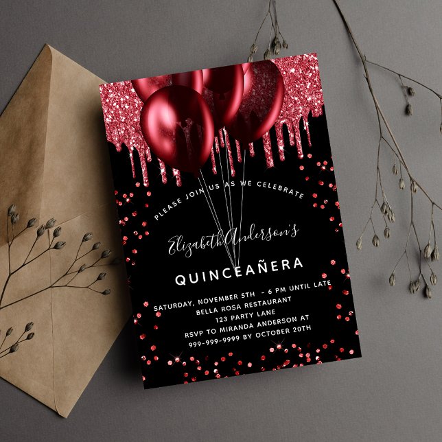 Invitación Lujo de globos rojos negros de Quinceanera (Subido por el creador)