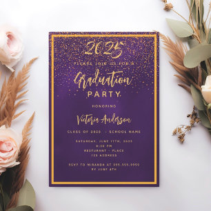 Invitación Lujo de graduación de confeti de oro morado