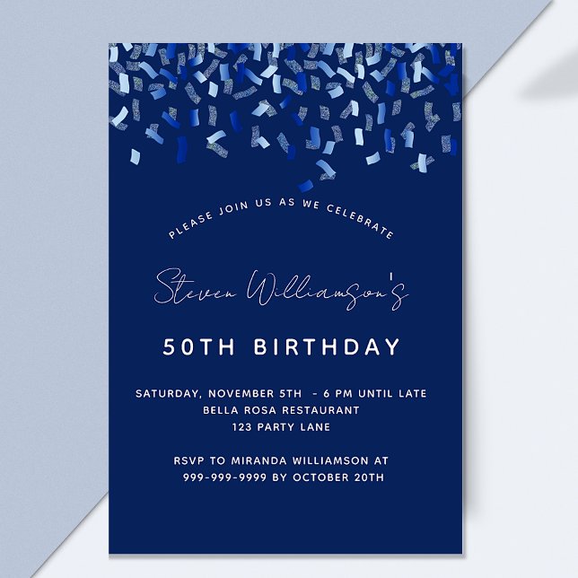 Invitación Lujo de hombres de confetti azul marino de cumplea (Subido por el creador)