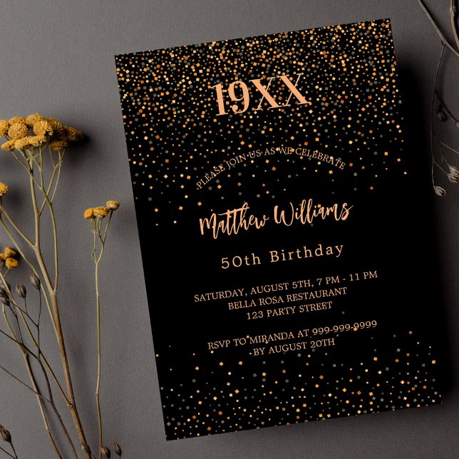 Invitación Lujo de nacimiento de año de confetti de oro negro (Subido por el creador)