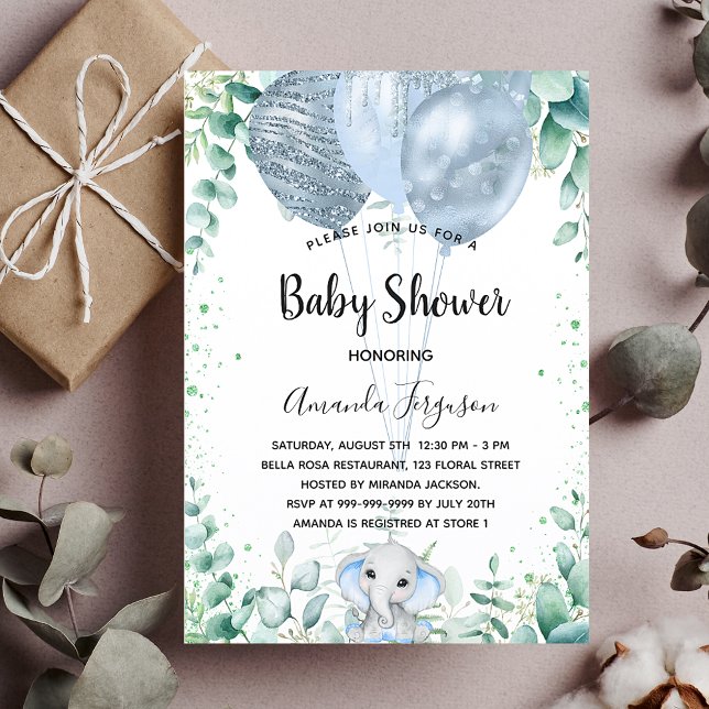 Invitación Lujo de niño de elefante azul de Baby Shower eucal (Subido por el creador)