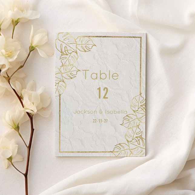 Invitación Lujo de oro blanco encaje floral francés Número de (Luxury white gold French floral lace Table Number)