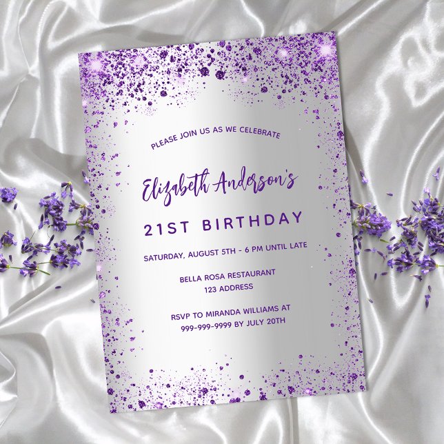 Invitación Lujo de violeta morado de plata de cumpleaños (Subido por el creador)