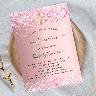 Invitación Lujo del chica del purpurina rosa de la confirmaci