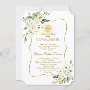 Invitación Lujo Delicada Floral Blanca Oro Santa Comunión