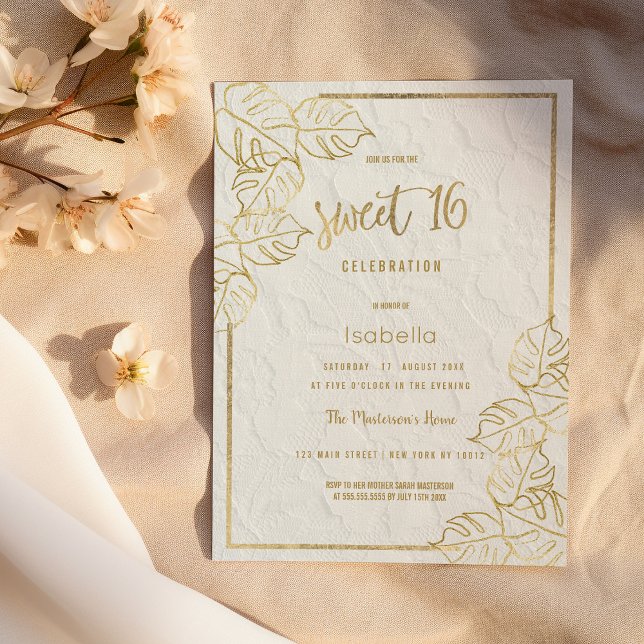 Invitación Lujo dorado blanco francés encaje floral Sweet 16 (Luxury white gold french floral lace Sweet 16 Invitation )