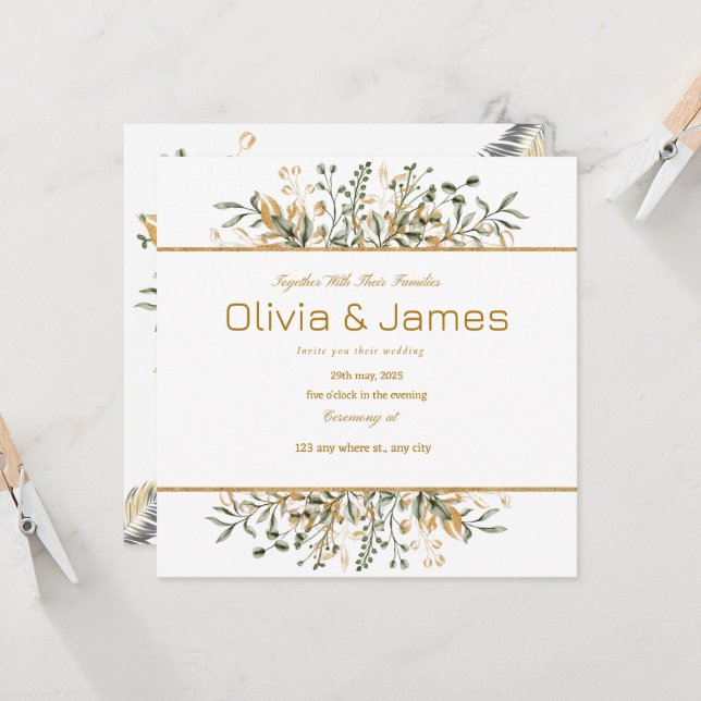 Invitación Lujo dorado verde para un día especial (Anverso/Reverso In Situ)