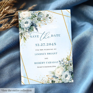 Invitación Lujo Dusty Blue White Gold Peonies Ahorra La Fecha