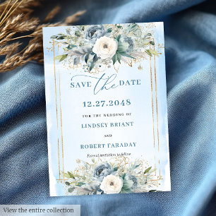 Invitación Lujo Dusty Blue White Gold Peonies Ahorra La Fecha