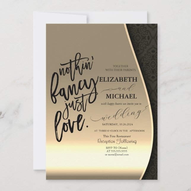 Invitación Lujo Elegante Damasco Negro Boda Dorada (Anverso)