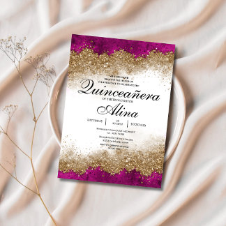Invitación Lujo elegante Fuchsia Hot Pink & Gold Quinceañera