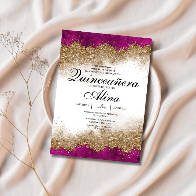 Invitación Lujo elegante Fuchsia Hot Pink & Gold Quinceañera (Subido por el creador)