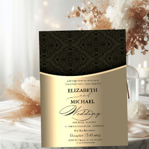 Invitación Lujo Elegante Negro Damasco Boda Dorada