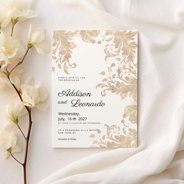 Invitación Lujo elegante oro blanco encaje floral Boda (Luxury chic white gold floral lace Wedding)