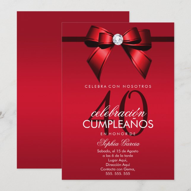 Invitación Lujo español lazo y cinta cumpleaños 40 (Anverso / Reverso)