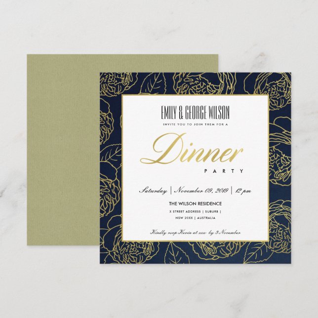 INVITACIÓN LUJO EXUBERANTE ROSA FLORAL NAVAL ORO FALSO PARA F (Anverso / Reverso)