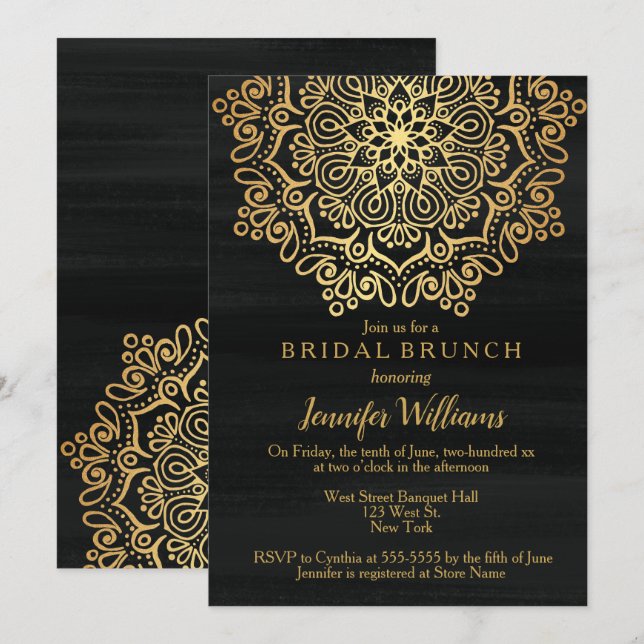 Invitación Lujo Faux Gold Mandala Black Bridal Brunch (Anverso / Reverso)