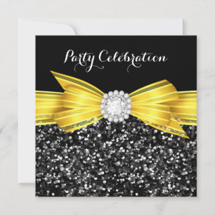 Invitación Lujo Fiesta Diamante Negro Lazo Amarillo Brillante
