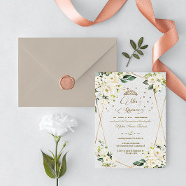 Invitación Lujo Floral Blanco Oro Mis Quince Quinceañera