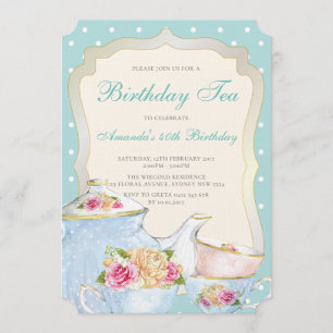 Invitación Lujo floral cumpleaños Tea Fiesta Polka punto