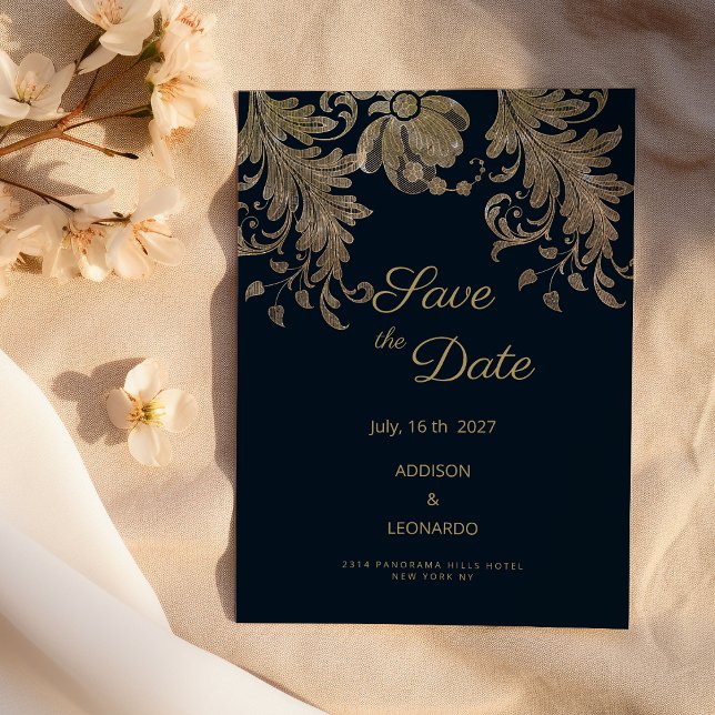 Invitación Lujo floral de encaje azul marino Save the Date (Navy blue gold lace floral luxury Save the Date )