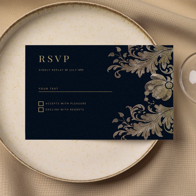 Invitación Lujo floral de encaje dorado azul marino RSVP (Navy blue gold lace floral luxury RSVP )