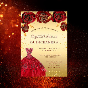 Invitación Lujo floral de purpurina rojo dorado de Quinceaner