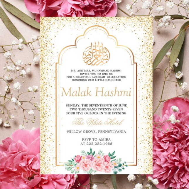 Invitación Lujo Floral Gliter Gold Islamic Aqiqa Aqeeqa (Subido por el creador)