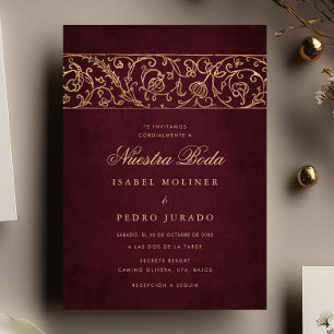 Invitación Lujo Floral Gold & Burgundy Nuestra Boda Boda