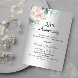 Invitación Lujo floral plateado 25 años de boda<br><div class="desc">Un fondo falso plateado. Decorada con flores blancas,  flores de peonía y vegetación de eucaliptos de color verde acuático. Personalice y agregue sus nombres y detalles</div>
