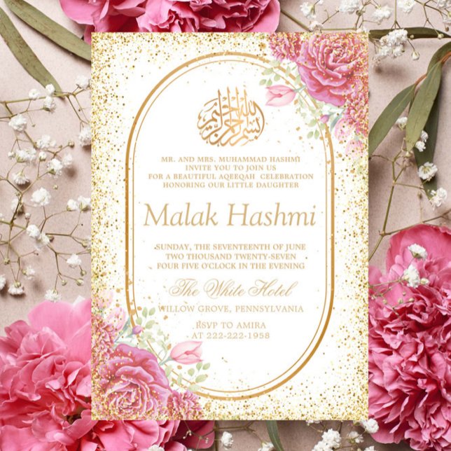 Invitación Lujo Floral Rosa Gliter Islámico Aqiqa Aqeeqah (Subido por el creador)